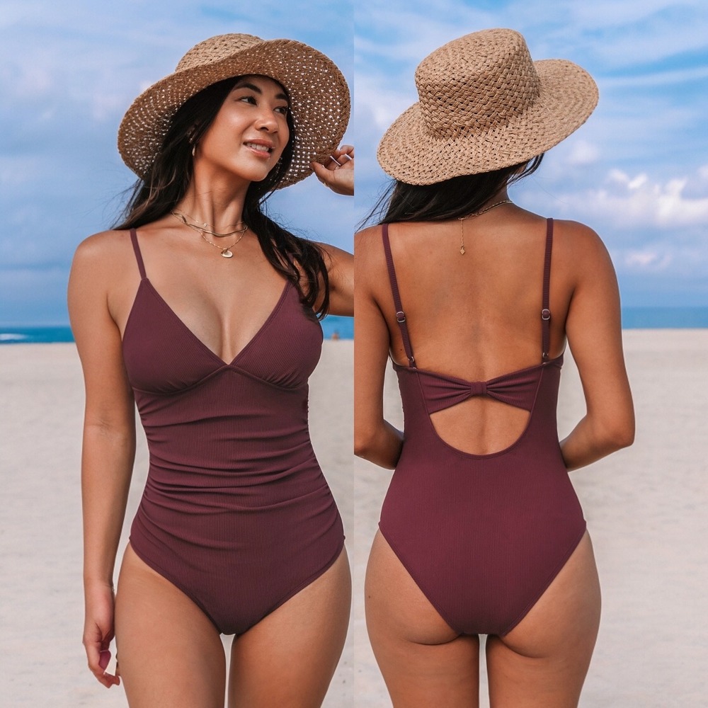 Cupshe Women Tummy Control Burgundy Ribbed Ruched One Piece Swimsuit Sz S #579